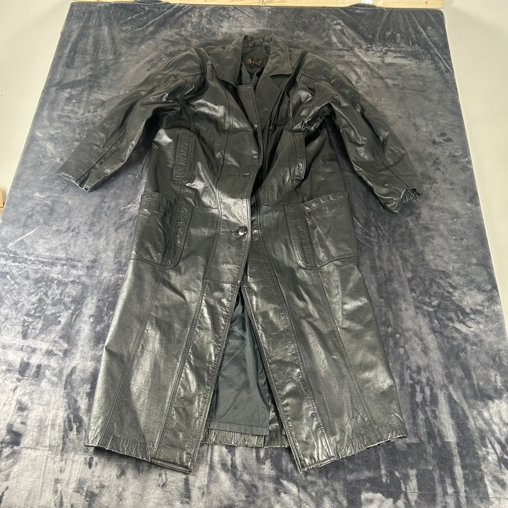 Avanti Leather Trench Coat Womens Medium Black Longline Western V-Yoke Jacket